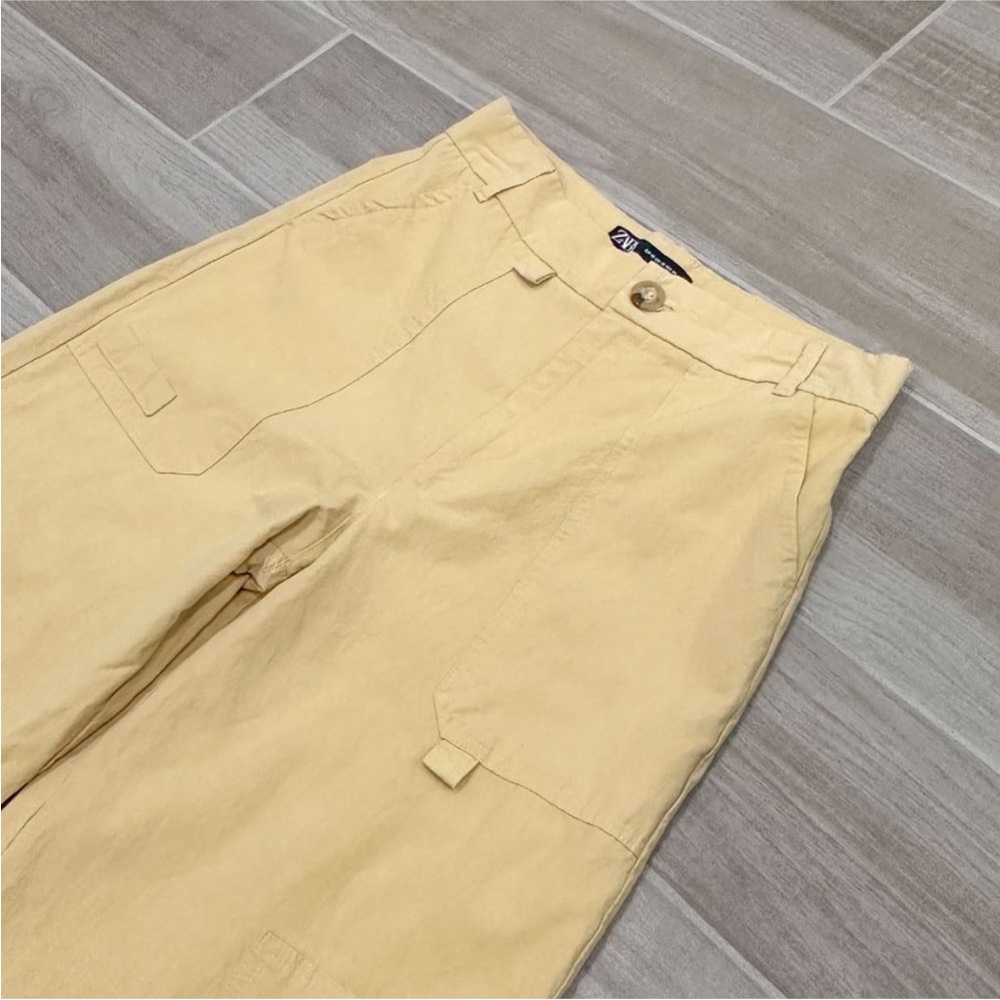 Zara matching 2 piece coord set butter pale light yellow cargo pants, ruched top - Picture 7 of 9